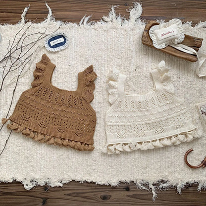 -ベビーキッズベスト レースニットフリルショルダー重ね着フリンジベストトップス 2カラー - mamahalo shop - ベスト -  べビー服 - 子供服 - 男の子 - 女の子