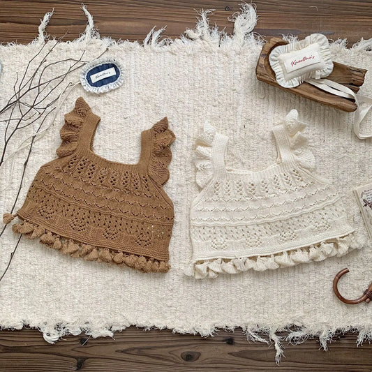 -ベビーキッズベスト レースニットフリルショルダー重ね着フリンジベストトップス 2カラー - mamahalo shop - ベスト -  べビー服 - 子供服 - 男の子 - 女の子