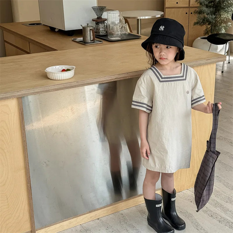 -キッズワンピース 半袖スクエアネックミニワンピース マリンスタイル 2カラー【mh0005444】 - mamahalo shop - 半袖ワンピース -  べビー服 - 子供服 - 男の子 - 女の子