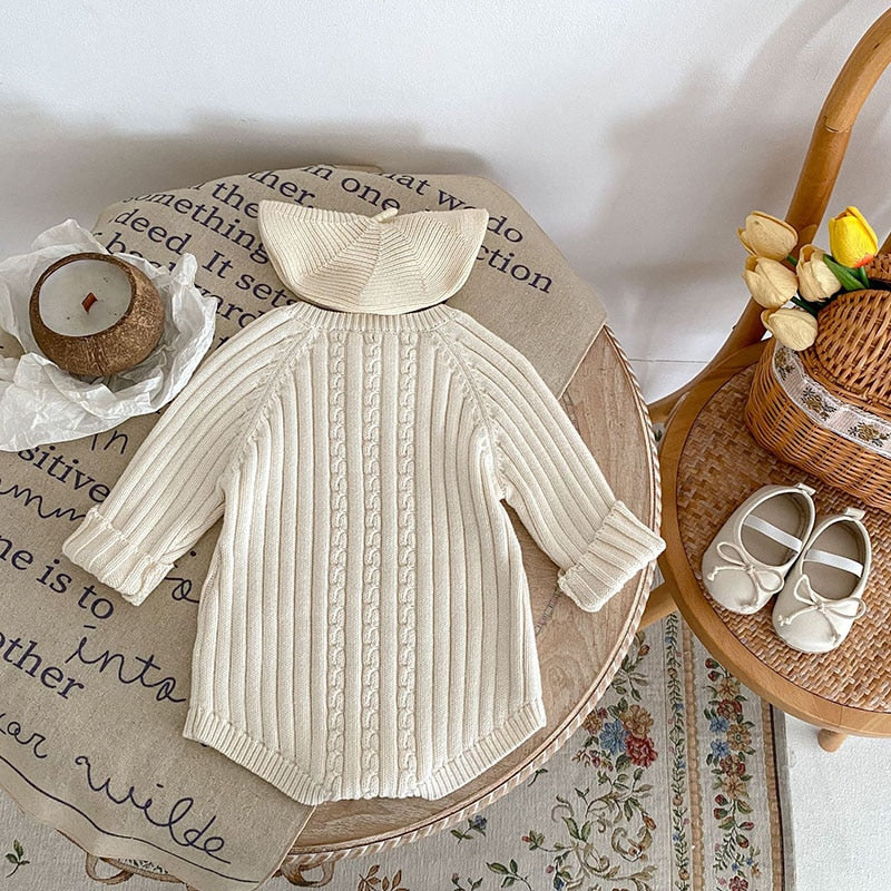 -ベビー服 長袖 ロンパース ニット ケーブル編み アランニット ホワイト 白 女の子 - mamahalo shop - 長袖ロンパース -  べビー服 - 子供服 - 男の子 - 女の子