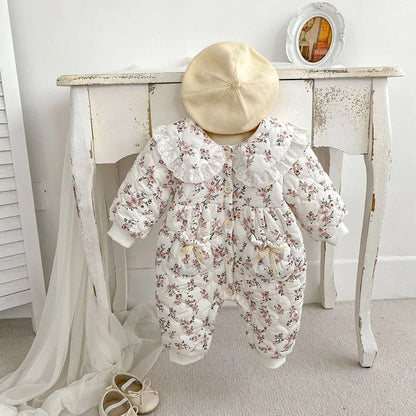 -ベビーアウタージャンプスーツ キルティングロンパース フラワープリント フリルカラー ガールズ 女の子 子供服 - mamahalo shop - アウタージャンプスーツ -  べビー服 - 子供服 - 男の子 - 女の子
