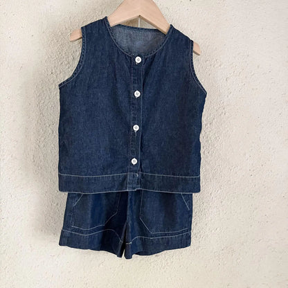 -キッズセットアップ 2点セット デニム ノースリーブシャツ+ショートパンツ リンクコーデ 兄弟姉妹 お揃いコーデ【mh0005173】 - mamahalo shop - ノースリーブセットアップ -  べビー服 - 子供服 - 男の子 - 女の子