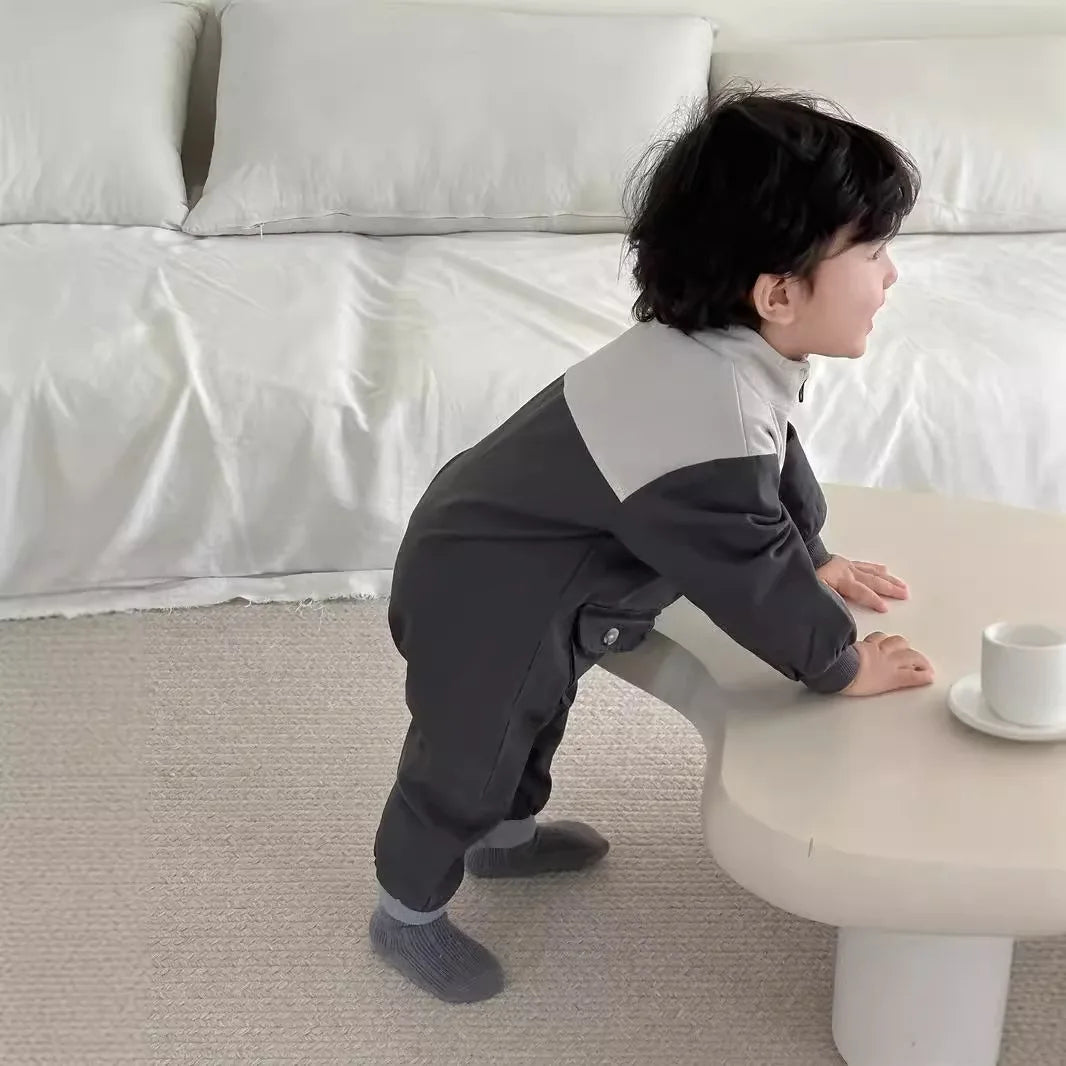 -ベビージャンプスーツ パッチワーク切り替えジップアップ長袖ジャンプスーツつなぎ グレー - mamahalo shop - 長袖ジャンプスーツ -  べビー服 - 子供服 - 男の子 - 女の子