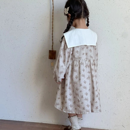 キッズワンピース フラワープリントセーラーカラー長袖ワンピース - mamahalo shop - 長袖ワンピース -  べビー服 - 子供服 - 男の子 - 女の子