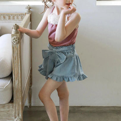 -キッズパンツ デニム フリルリボン ショートパンツ 2カラー【mh0006242】 - mamahalo shop - ハーフパンツ・ショートパンツ -  べビー服 - 子供服 - 男の子 - 女の子