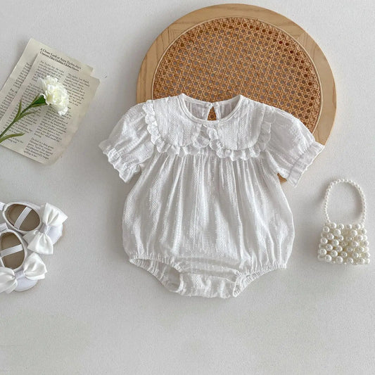 -ベビーロンパース/キッズワンピース 半袖パフスリーブ レースフリル襟 ホワイト リンクコーデ 姉妹 お揃いコーデ【mh0005457】 - mamahalo shop - 半袖ロンパース -  べビー服 - 子供服 - 男の子 - 女の子