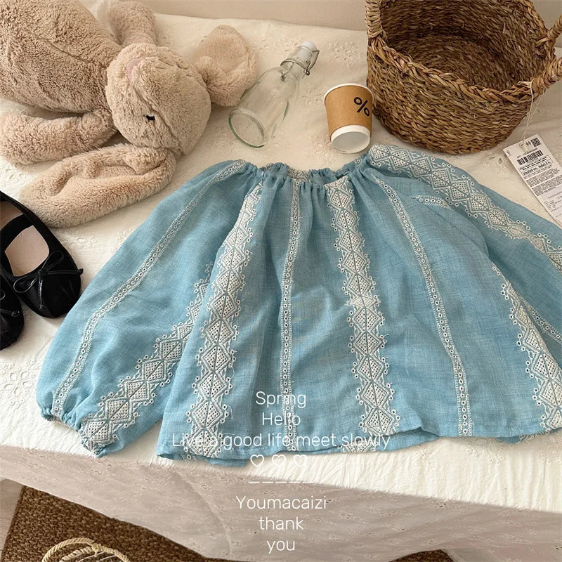 -キッズトップス 長袖スモック チュニックブラウス ストライプ刺繍 長袖シャツ - mamahalo shop - 長袖シャツ・ブラウス -  べビー服 - 子供服 - 男の子 - 女の子