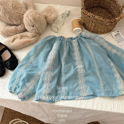 -キッズトップス 長袖スモック チュニックブラウス ストライプ刺繍 長袖シャツ - mamahalo shop - 長袖シャツ・ブラウス -  べビー服 - 子供服 - 男の子 - 女の子