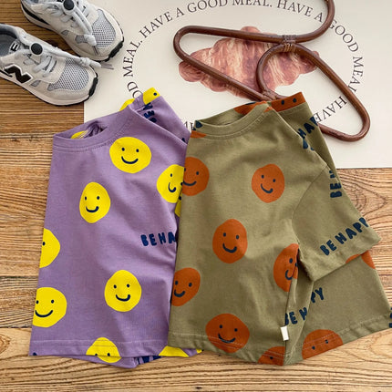 キッズ スマイル セットアップ 半袖 ルーズ Tシャツ ハーフパンツ - mamahalo shop - 半袖セットアップ - ベビー服 - 子供服 - 男の子 - 女の子