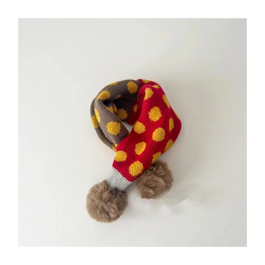 -キッズマフラー ニット ネックウォーマー ぽんぽん付き 水玉ポルカドット チェック 12カラー - mamahalo shop - ネックウォーマー -  べビー服 - 子供服 - 男の子 - 女の子