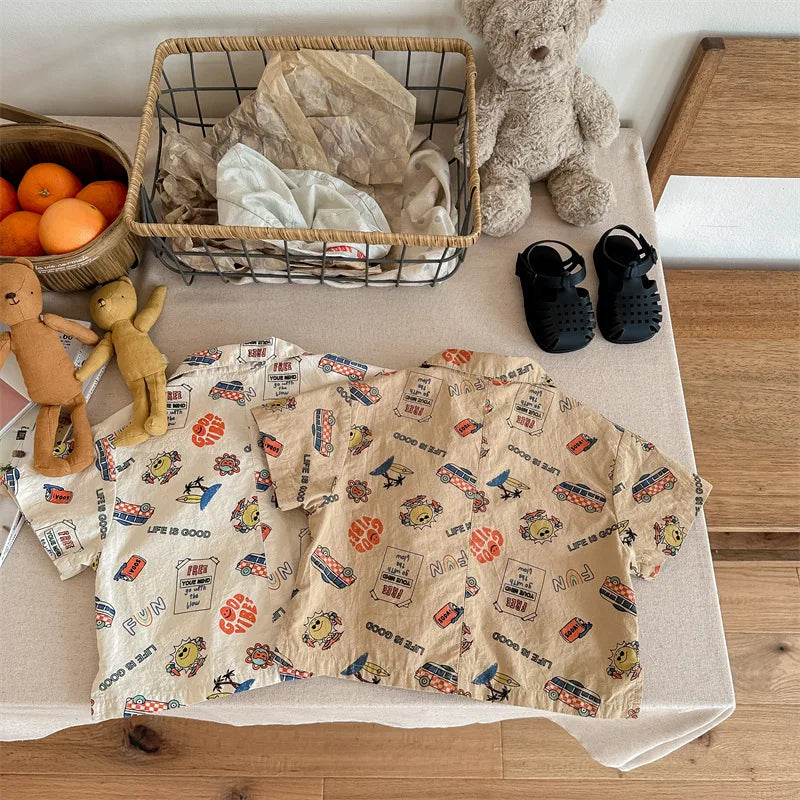 -キッズトップス 半袖シャツ アロハシャツ アメリカンプリント 2カラー - mamahalo shop - 半袖シャツ・ブラウス -  べビー服 - 子供服 - 男の子 - 女の子