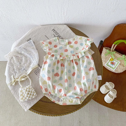 -ベビーロンパース ノースリーブ フリルボディスーツ 水玉ドットハートプリント【mh0006544】 - mamahalo shop - ノースリーブロンパース -  べビー服 - 子供服 - 男の子 - 女の子