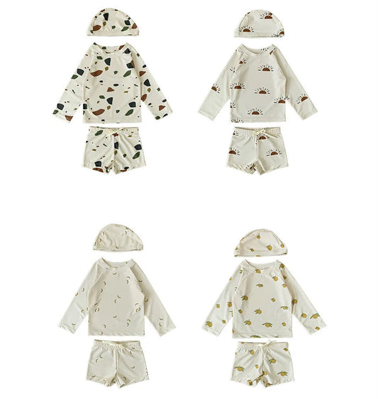 -キッズ水着 ボーイズ 半袖長袖 セパレートラッシュガード  スイムウェア スイミングウェア 帽子セット【mh0004294】 - mamahalo shop - ベビー用水着 -  べビー服 - 子供服 - 男の子 - 女の子