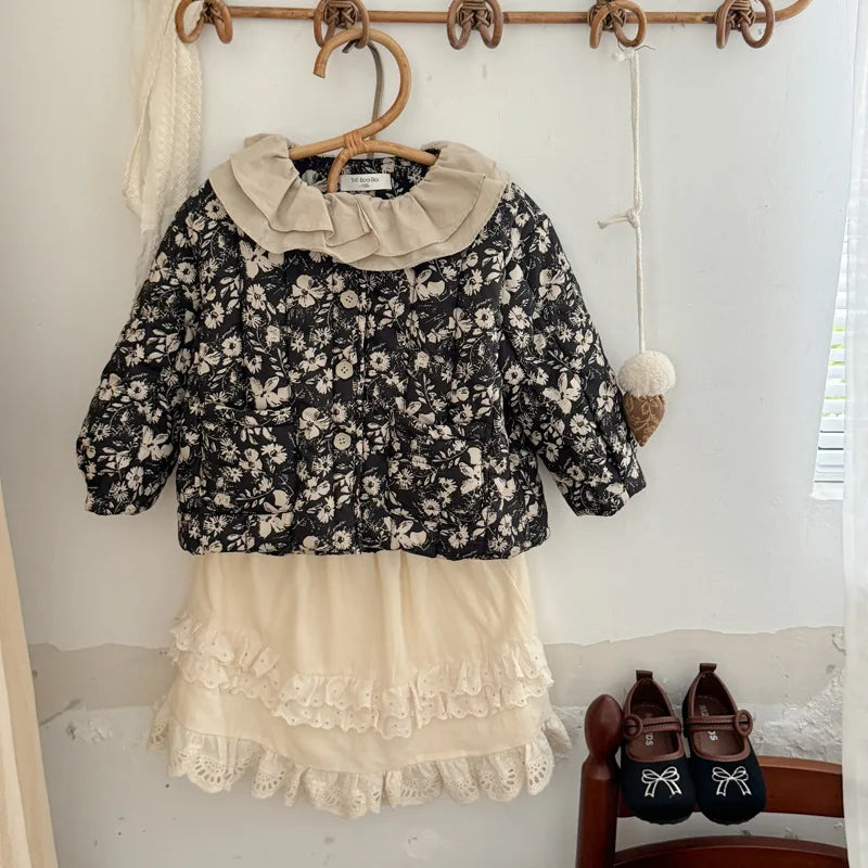 -キッズジャケット/スカート ラッフルカラーフラワープリントパデッドジャケット/ダブルレースフリルスカート - mamahalo shop - 長袖セットアップ -  べビー服 - 子供服 - 男の子 - 女の子