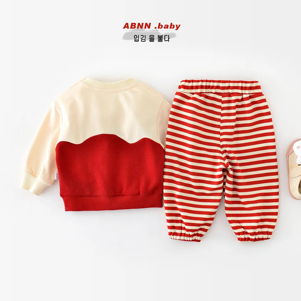 -ベビーセットアップ 2点セット トマト長袖スウェットシャツ+ボーダーロングパンツ コスチューム【mh0007078】 - mamahalo shop - 長袖セットアップ -  べビー服 - 子供服 - 男の子 - 女の子