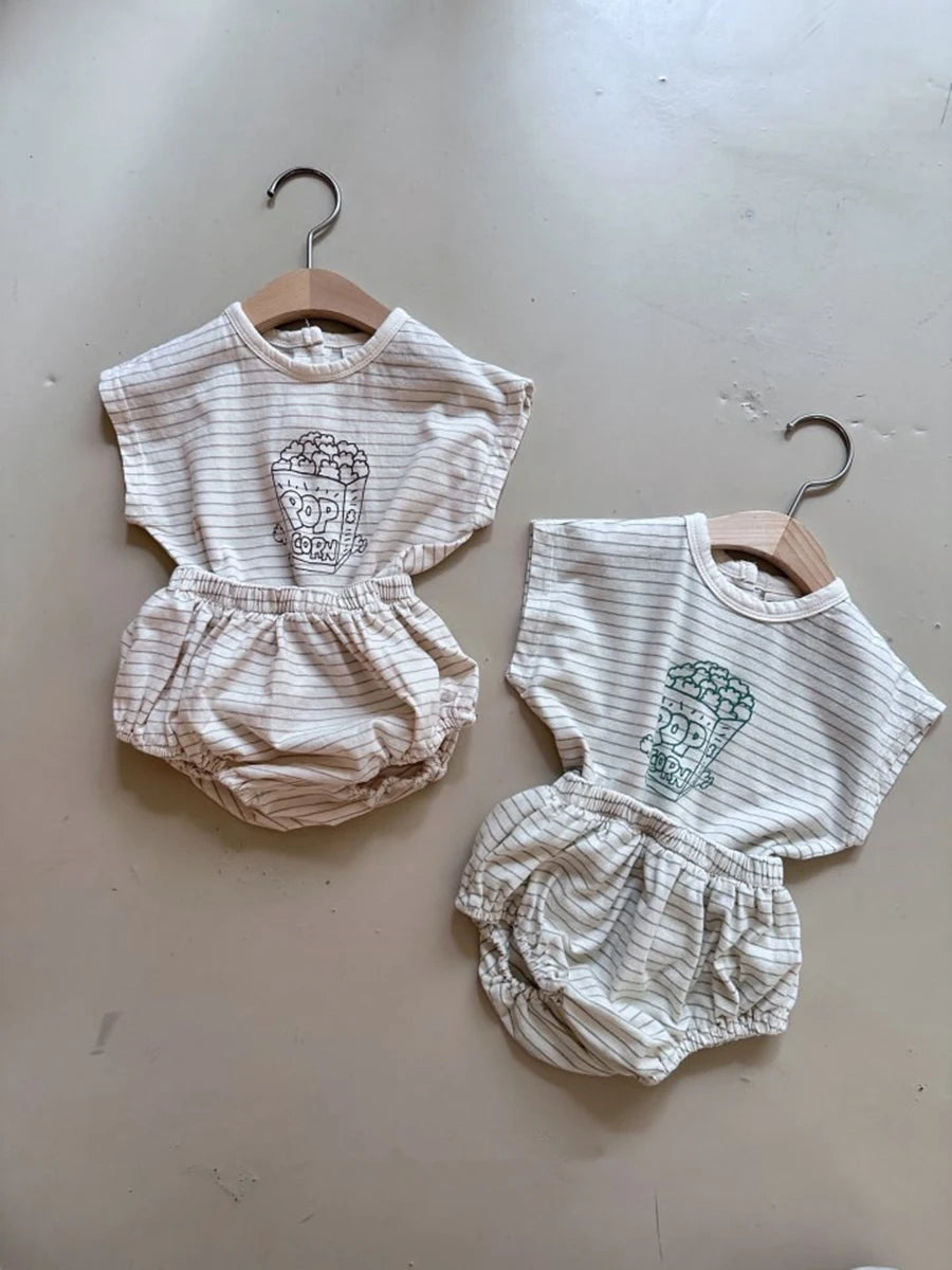 -ベビーセットアップ 2点セット 半袖Tシャツ+ブルマパンツ ボーダー ポップコーンプリント 2カラー【mh0005940】 - mamahalo shop - 半袖セットアップ -  べビー服 - 子供服 - 男の子 - 女の子