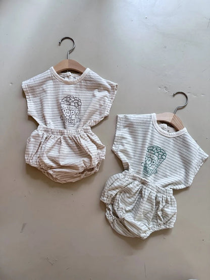 -ベビーセットアップ 2点セット 半袖Tシャツ+ブルマパンツ ボーダー ポップコーンプリント 2カラー【mh0005940】 - mamahalo shop - 半袖セットアップ -  べビー服 - 子供服 - 男の子 - 女の子