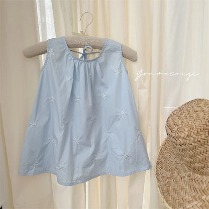 -キッズワンピース ノースリーブルーズワンピース リボン刺繍 ブルー【mh0006022】 - mamahalo shop - ノースリーブワンピース -  べビー服 - 子供服 - 男の子 - 女の子