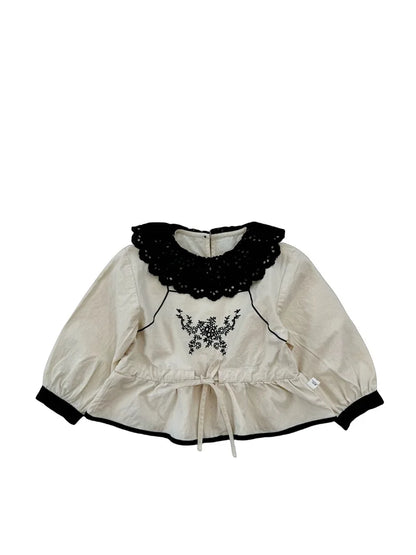 -キッズトップス ラッフル襟フラワー刺繍チュニックブラウス/ロングフリルパンツ - mamahalo shop - 長袖セットアップ -  べビー服 - 子供服 - 男の子 - 女の子