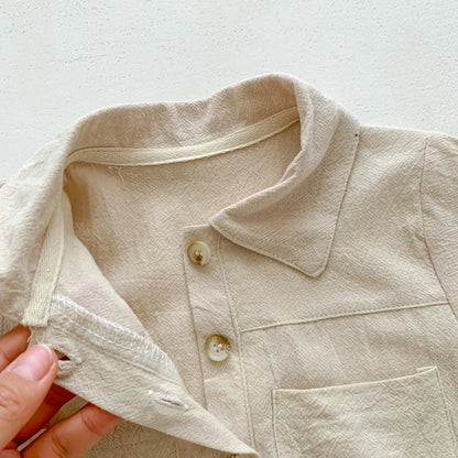 -ベビー シンプル 半袖 シャツ ジャンプスーツ ベージュ グリーン ボーイズ - mamahalo shop - 半袖ジャンプスーツ -  べビー服 - 子供服 - 男の子 - 女の子