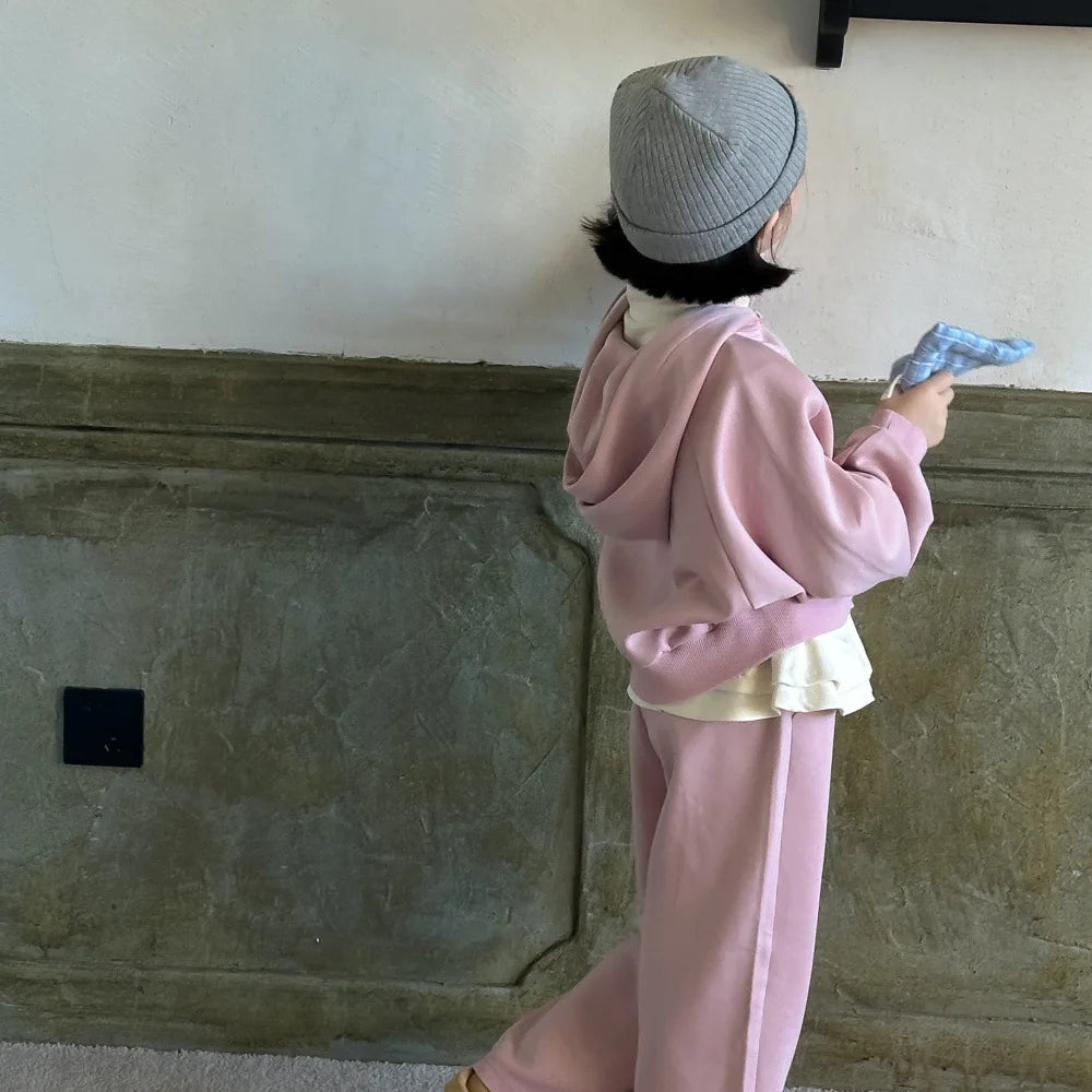 -キッズセットアップ 2点セット ペプラムフリルドッキングフーディジッパー長袖スウェットパーカー+スウェットロングパンツ ピンク【mh0007344】 - mamahalo shop - 長袖セットアップ -  べビー服 - 子供服 - 男の子 - 女の子