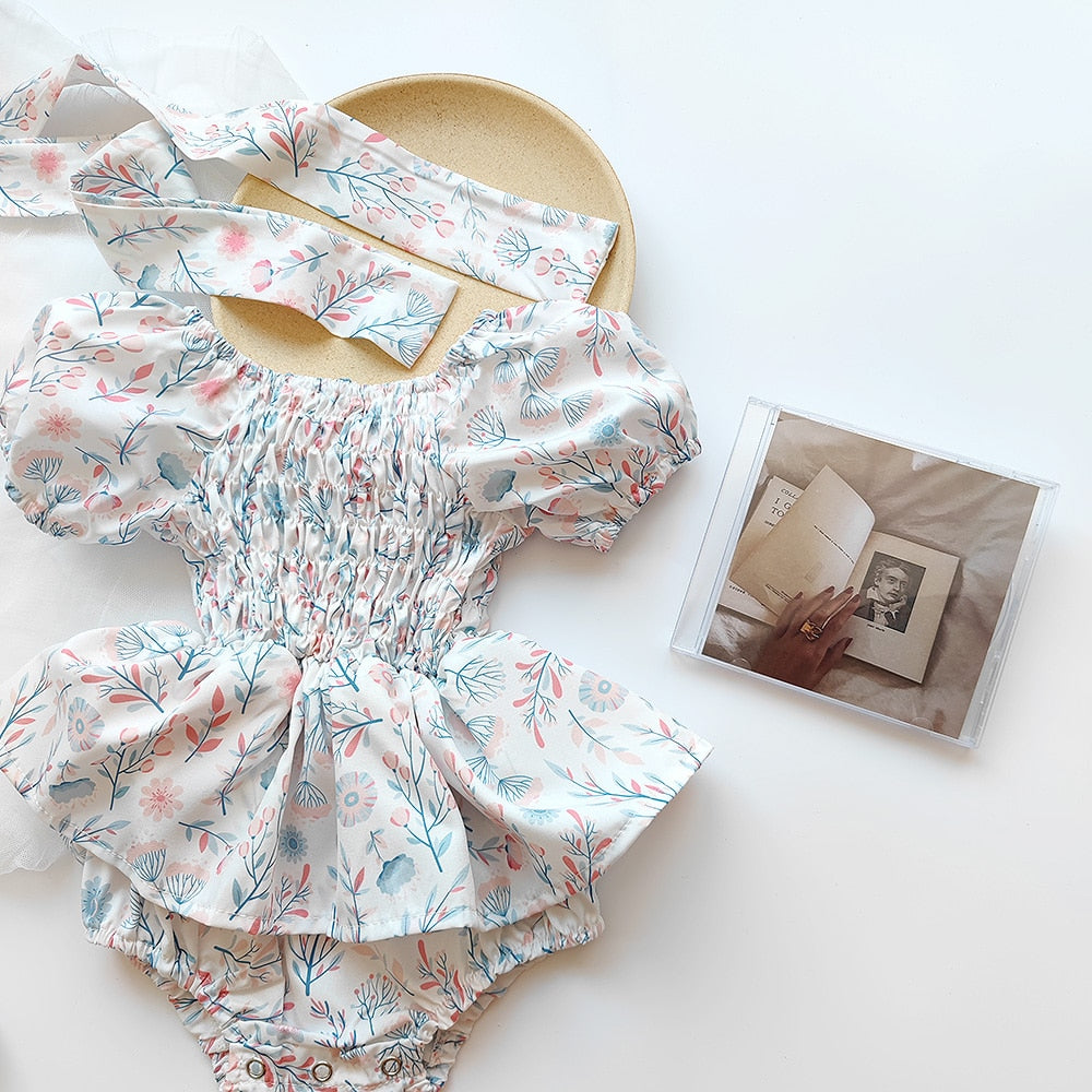 -ベビー フラワー 花柄 シャーリング スカート 半袖 ロンパース ドレス リボン セット ガールズ【mh0002073】 - mamahalo shop - 半袖ロンパース -  べビー服 - 子供服 - 男の子 - 女の子