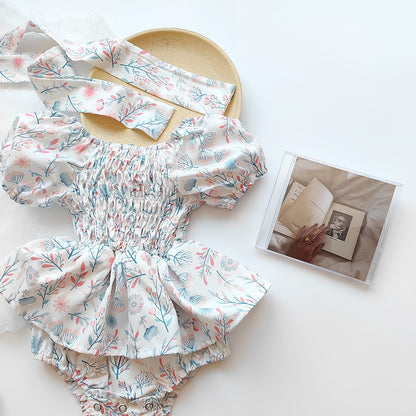 -ベビー フラワー 花柄 シャーリング スカート 半袖 ロンパース ドレス リボン セット ガールズ【mh0002073】 - mamahalo shop - 半袖ロンパース -  べビー服 - 子供服 - 男の子 - 女の子