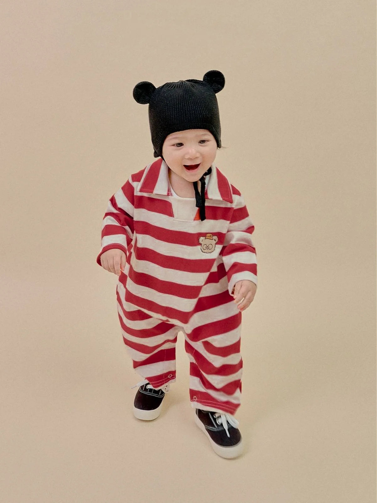 -ベビージャンプスーツ ベアくまワッペンボーダーラガー襟長袖ロンパース 2カラー - mamahalo shop - 長袖ロンパース -  べビー服 - 子供服 - 男の子 - 女の子