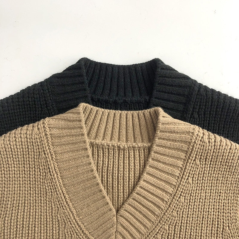 -キッズ服 ニット ベスト Vネック ざっくり ルーズ シンプル ベーシック カーキ 黒 2色 男の子 - mamahalo shop - ベスト -  べビー服 - 子供服 - 男の子 - 女の子