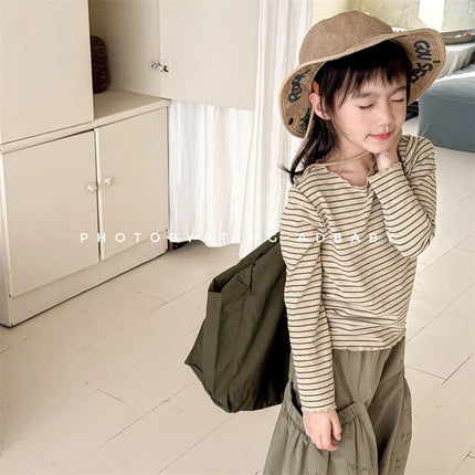 キッズトップス シンプルベーシックボーダーフリルネック長袖Tシャツ - mamahalo shop - 長袖Tシャツ -  べビー服 - 子供服 - 男の子 - 女の子