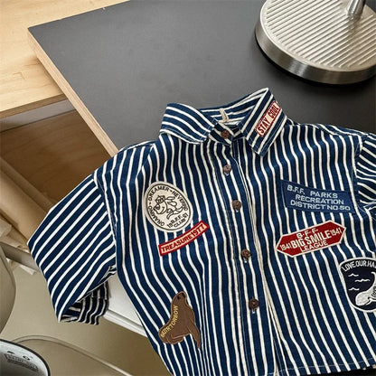 -キッズトップス ストライプワッペン長袖シャツ 2カラー - mamahalo shop - 長袖シャツ・ブラウス -  べビー服 - 子供服 - 男の子 - 女の子