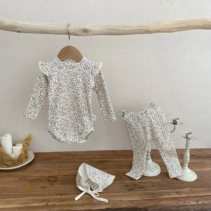 -ベビーセットアップ 3点セット 長袖ロンパース+パンツ+ボンネット帽子 フラワー花柄プリント 2カラー【mh0006570】 - mamahalo shop - ロンパースセットアップ -  べビー服 - 子供服 - 男の子 - 女の子