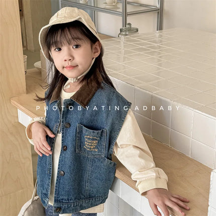 キッズベスト デニムベスト 襟付き前あき ノースリーブジャケット 2カラー - mamahalo shop - ベスト -  べビー服 - 子供服 - 男の子 - 女の子