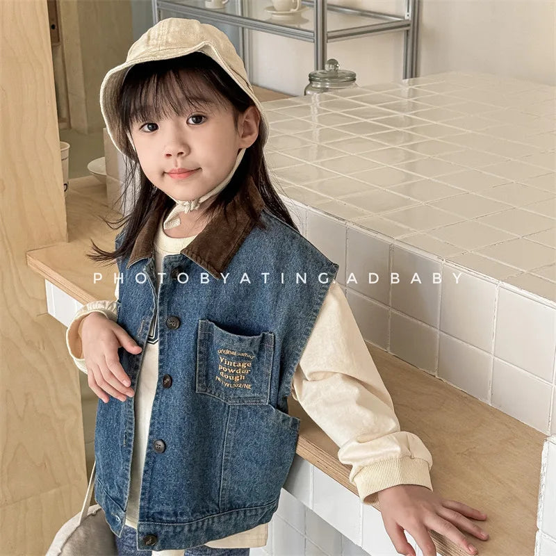 -キッズベスト デニムベスト 襟付き前あき ノースリーブジャケット 2カラー - mamahalo shop - ベスト -  べビー服 - 子供服 - 男の子 - 女の子