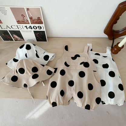 -ベビーロンパース 帽子セット サスペンダーボディスーツ 水玉ポルカドットプリント サマーハットセット 2カラー【mh0006080】 - mamahalo shop - ノースリーブロンパース -  べビー服 - 子供服 - 男の子 - 女の子