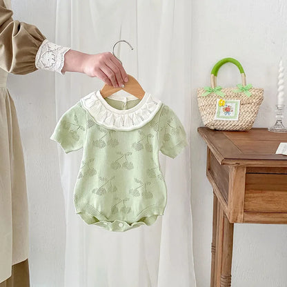 -ベビーロンパース ニット 半袖ボディスーツ フリル襟 チェリー 2カラー【mh0006550】 - mamahalo shop - 半袖ロンパース -  べビー服 - 子供服 - 男の子 - 女の子