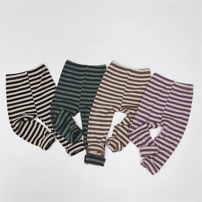 -キッズ 長袖Tシャツ レギンスパンツ 単品 ボーダー シンプル ベーシック パープル グリーン ブラック コーヒー 4カラー ユニセックス 男の子 女の子 子供服 - mamahalo shop - レギンスパンツ -  べビー服 - 子供服 - 男の子 - 女の子