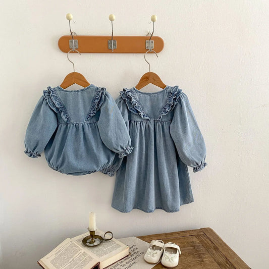 -ベビーロンパース/キッズワンピース フリルデニム長袖ボディスーツ/長袖ワンピース リンクコーデ 姉妹 お揃いコーデ - mamahalo shop - 長袖ワンピース -  べビー服 - 子供服 - 男の子 - 女の子