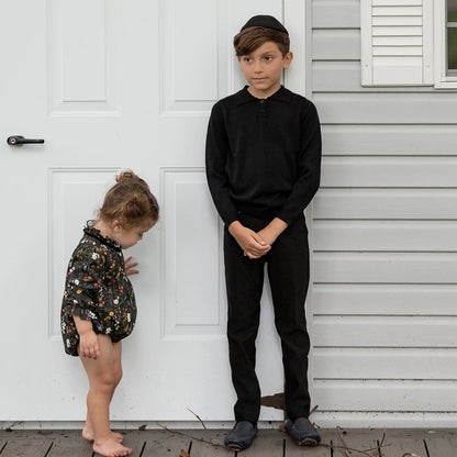 -ベビーキッズジュニア フラワー花柄 長袖ワンピース 長袖ロンパース ケーブルニットカーディガンジャケット ニットポロシャツ ロングパンツ お出かけ リンクコーデ 兄弟姉妹 お揃いコーデ - mamahalo shop - 長袖ロンパース -  べビー服 - 子供服 - 男の子 - 女の子