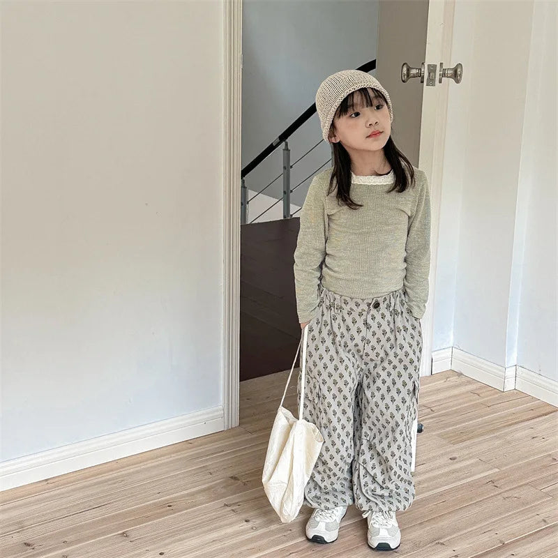 -キッズパンツ フラワー花柄プリント カーゴパンツ 2カラー - mamahalo shop - ロングパンツ・スウェットパンツ -  べビー服 - 子供服 - 男の子 - 女の子