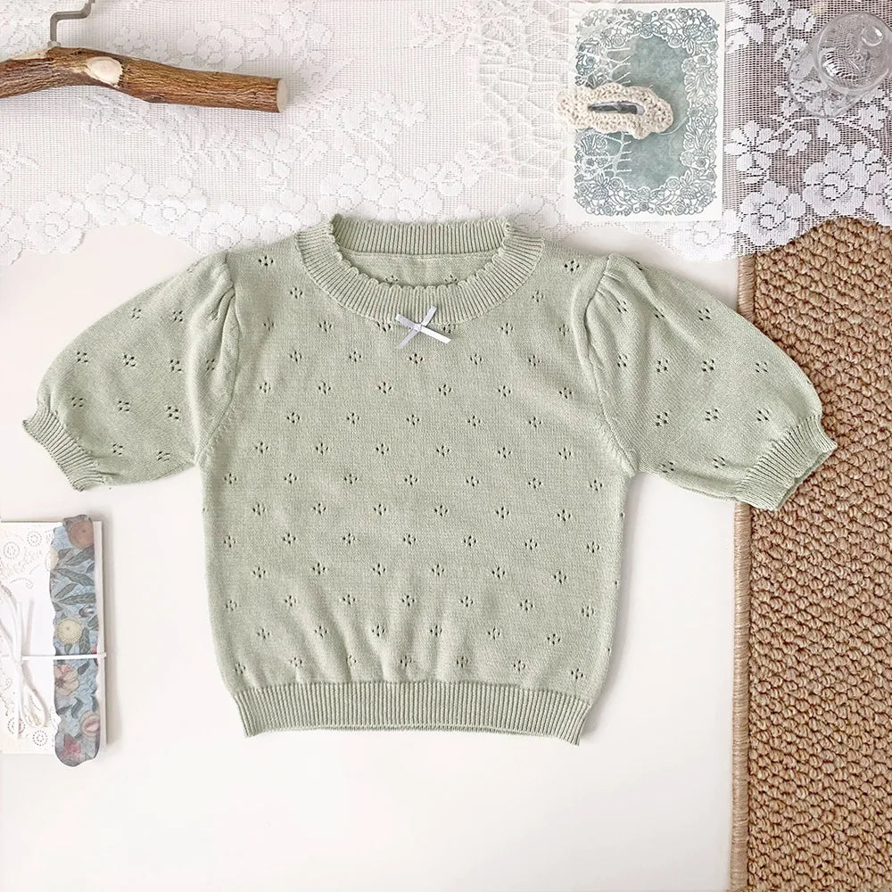 -ベビーキッズトップス レースニット 半袖パフスリーブ サマーセーター リボン 3カラー - mamahalo shop - 半袖Tシャツ -  べビー服 - 子供服 - 男の子 - 女の子
