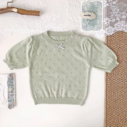 -ベビーキッズトップス レースニット 半袖パフスリーブ サマーセーター リボン 3カラー - mamahalo shop - 半袖Tシャツ -  べビー服 - 子供服 - 男の子 - 女の子