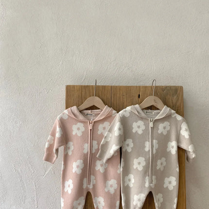 4206 Baby Clothes 2024 Autumn and Winter Sweater Jumpsuit Flower Zipper Hooded Long Sleeve Baby Girl's Climbing Clothes - mamahalo shop - 長袖ジャンプスーツ -  べビー服 - 子供服 - 男の子 - 女の子