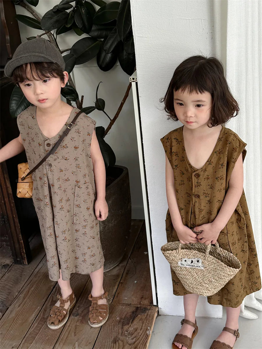 -キッズジャンプスーツ ノースリーブルーズショートつなぎ フラワー花柄プリント 2カラー【mh0006012】 - mamahalo shop - ノースリーブジャンプスーツ -  べビー服 - 子供服 - 男の子 - 女の子