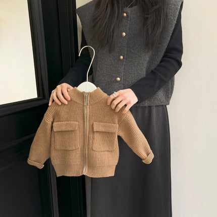 ベビーキッズアウター ニットジャケット ジップアップ ブラウン - mamahalo shop - カーディガン・パーカー - ベビー服 - 子供服 - 男の子 - 女の子