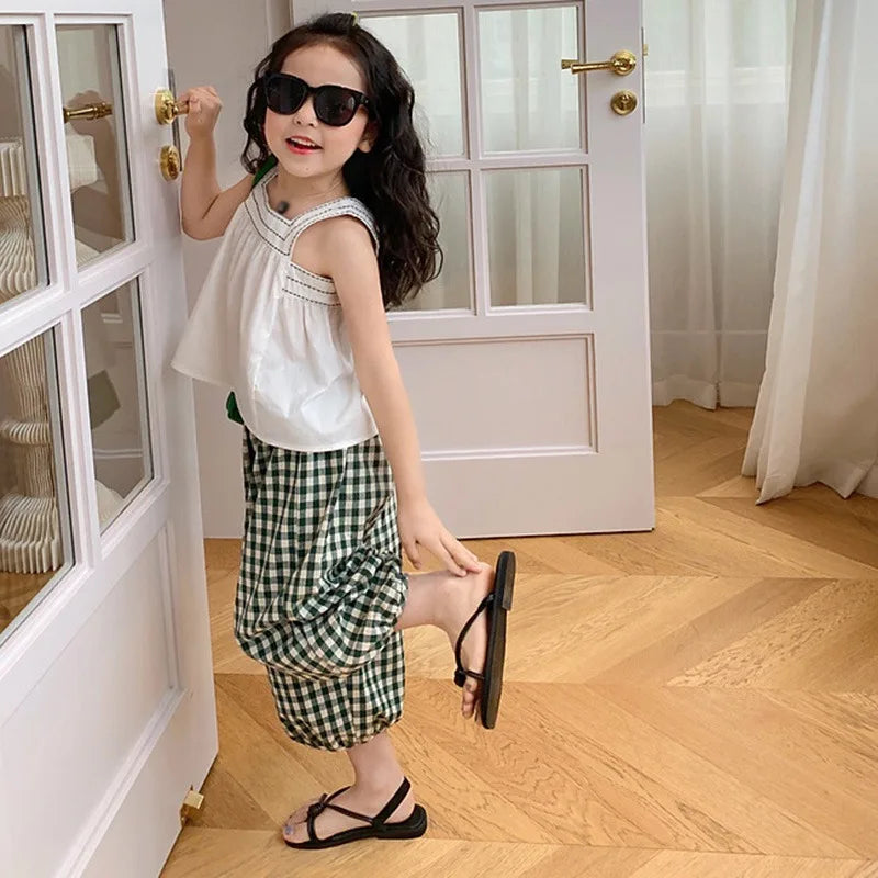 -キッズセットアップ 2点セット ノースリーブブラウス+クロップドパンツ チェック/水玉ドット【mh0006134】 - mamahalo shop - ノースリーブセットアップ -  べビー服 - 子供服 - 男の子 - 女の子