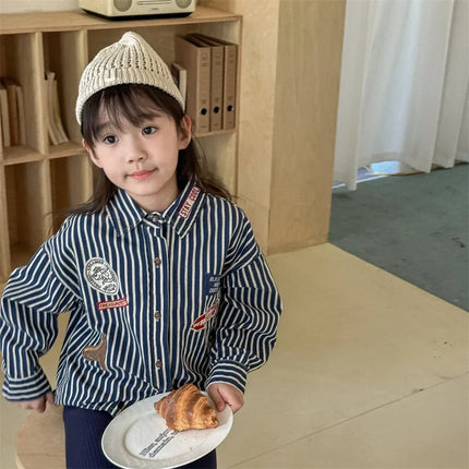 キッズトップス ストライプワッペン長袖シャツ 2カラー - mamahalo shop - 長袖シャツ・ブラウス -  べビー服 - 子供服 - 男の子 - 女の子