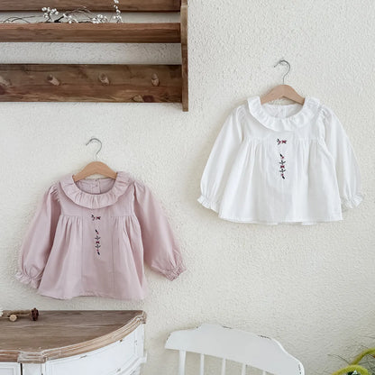 -キッズトップス サークルフリル襟刺繍ワンポイント長袖チュニックブラウス 2カラー【mh0006742】 - mamahalo shop - 長袖シャツ・ブラウス -  べビー服 - 子供服 - 男の子 - 女の子