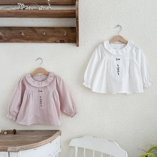 -キッズトップス サークルフリル襟刺繍ワンポイント長袖チュニックブラウス 2カラー【mh0006742】 - mamahalo shop - 長袖シャツ・ブラウス -  べビー服 - 子供服 - 男の子 - 女の子