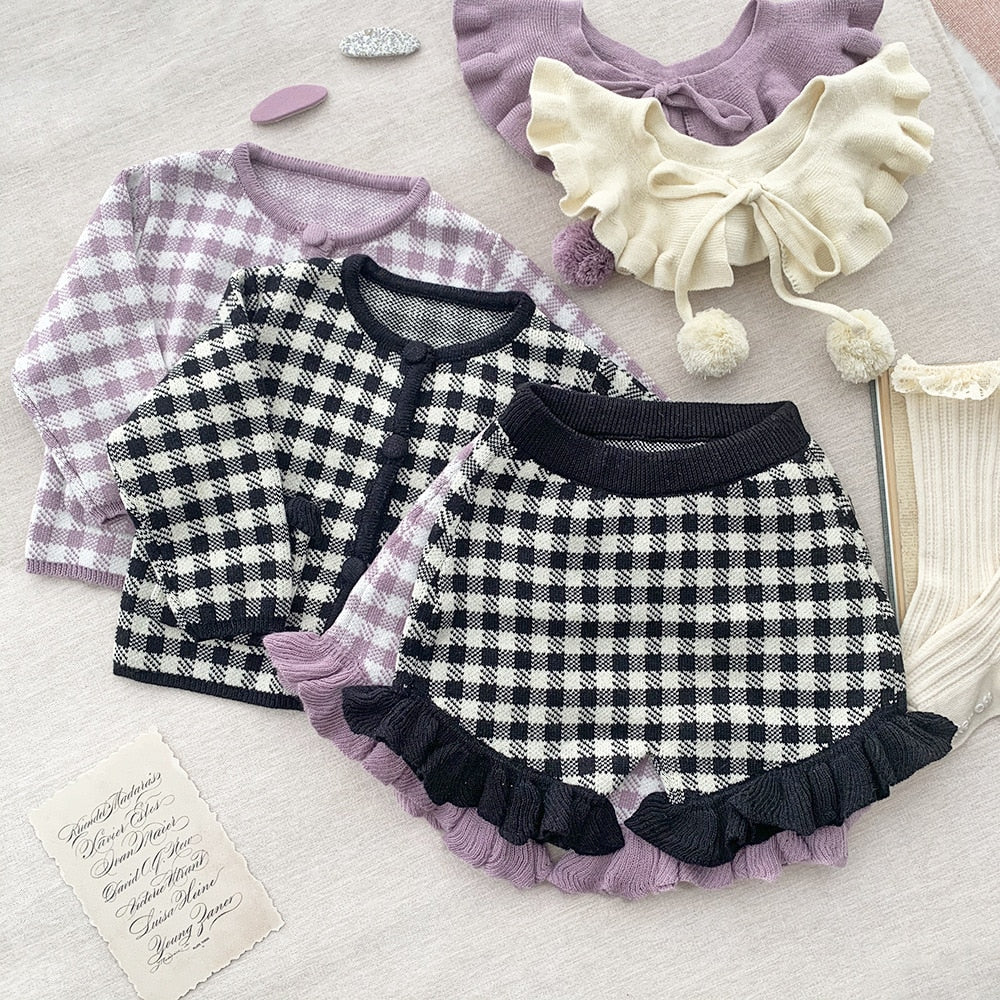 -ベビー キッズ チェック セットアップ ニット セーター フリル ショートパンツ つけ襟 セット ブラック パープル ガールズ - mamahalo shop - 長袖セットアップ -  べビー服 - 子供服 - 男の子 - 女の子